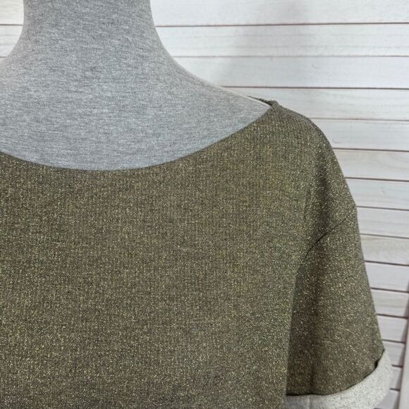 MNG Mango Cuffed Sleeve Metallic Shimmer Knit Tee Shirt Gold Small - Picture 5 of 12